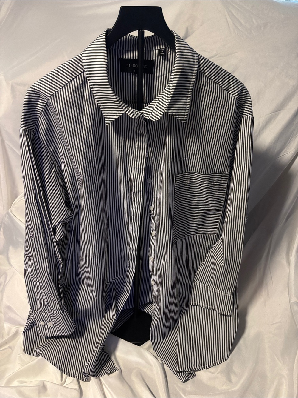 11 Honore Black & White Striped Button-Up Blouse